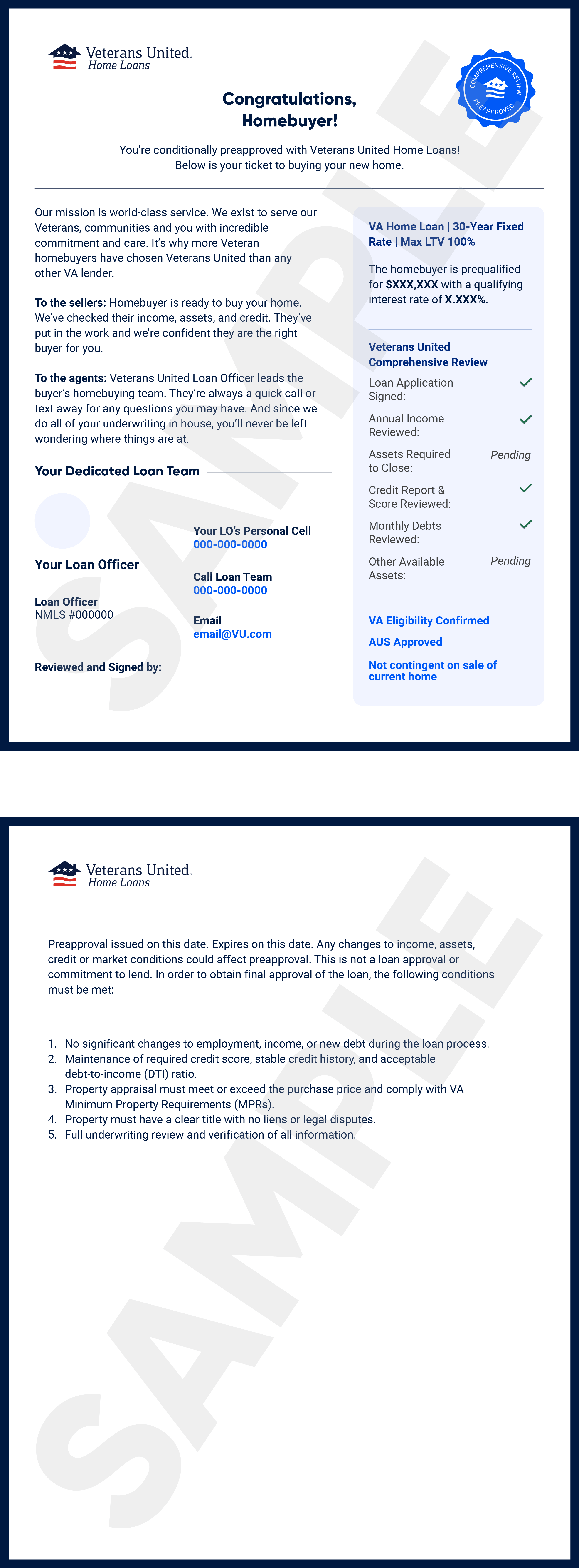 Sample example of a Veterans United preapproval letter