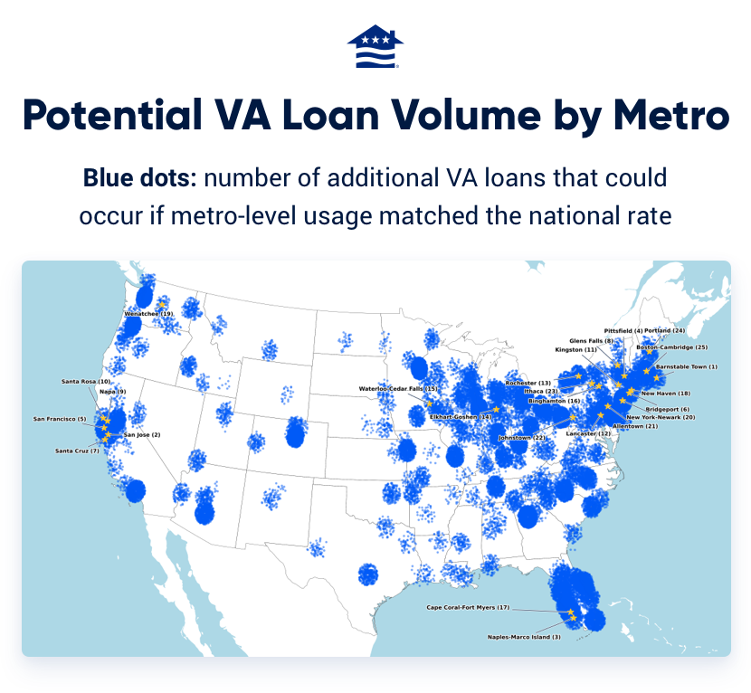 A map of the United States highlighting the number of untapped VA loans and the most underutilized metros.